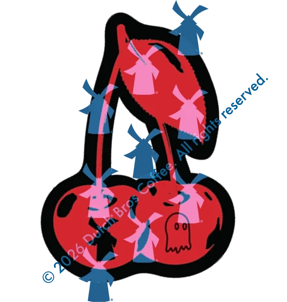 Stylized red and black cherries with a ghost design, featuring Dutch Bros Coffee branding and windmill watermarks.