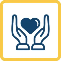 Two hands cradling a blue heart symbol, outlined in yellow, representing care and support.