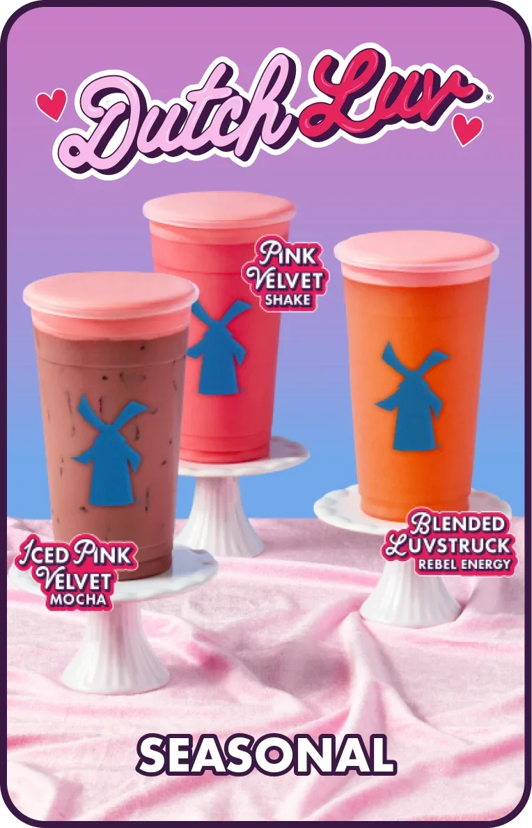 Dutch Luv seasonal drinks featuring Pink Velvet Shake, Iced Pink Velvet Mocha, and Blended Luvstruck Rebel Energy on pink displays.