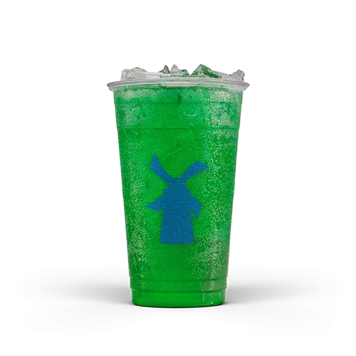 Clear plastic cup filled with bright green iced beverage featuring a blue windmill logo, topped with ice.