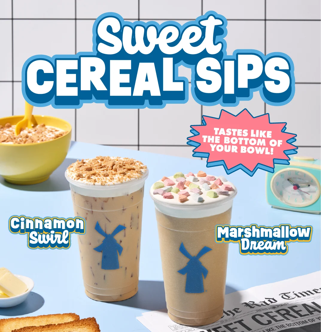Two cereal-themed drinks: Cinnamon Swirl and Marshmallow Dream, with blue windmill logos and a yellow cereal bowl in background.