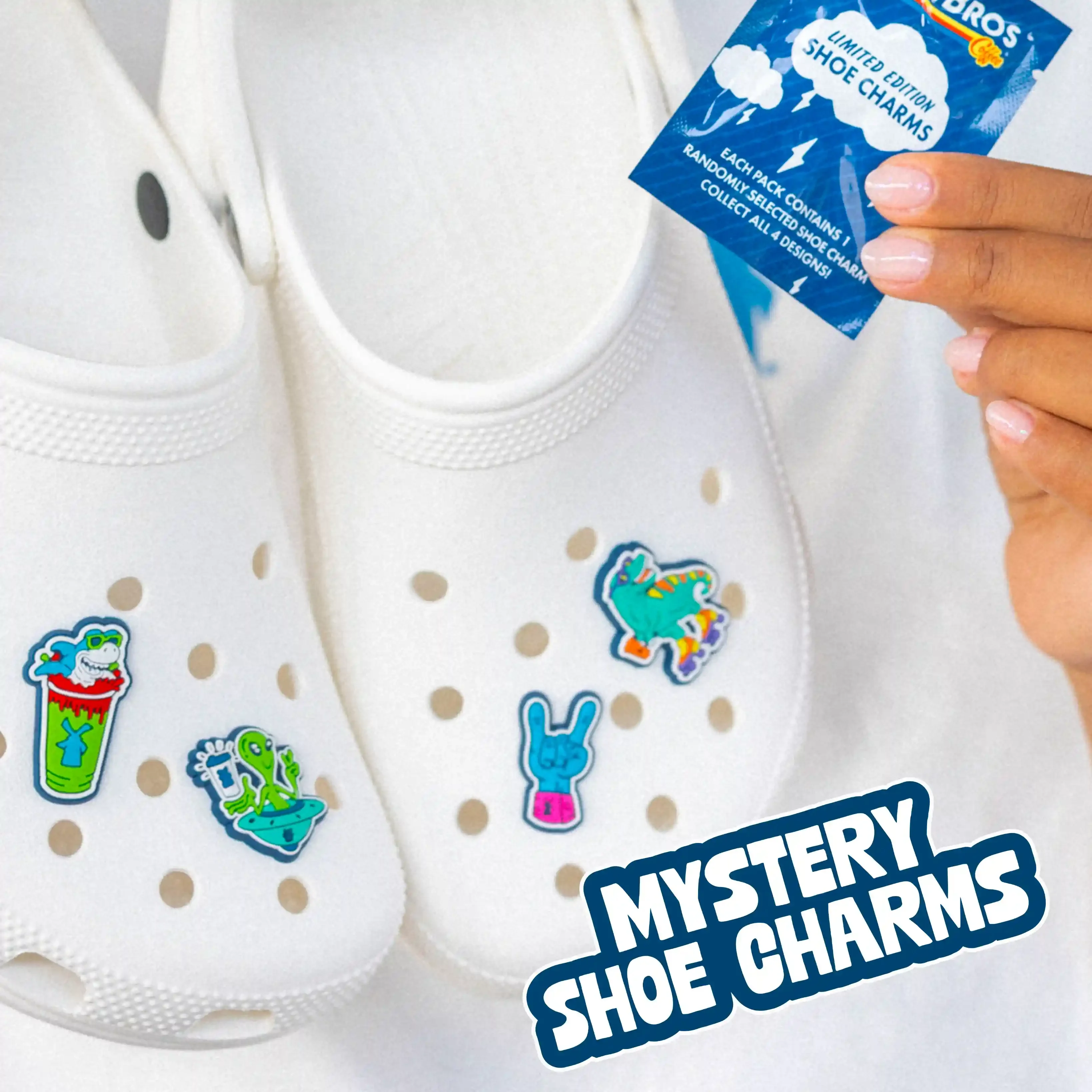 dutch bros mystery shoe charms on a pair of crocs