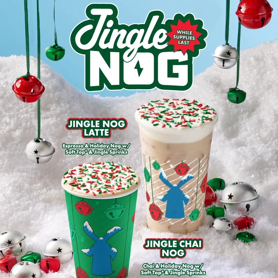 Jingle Nog holiday drinks with festive sprinkles in decorated cups, surrounded by red, green, and silver bells on snow.