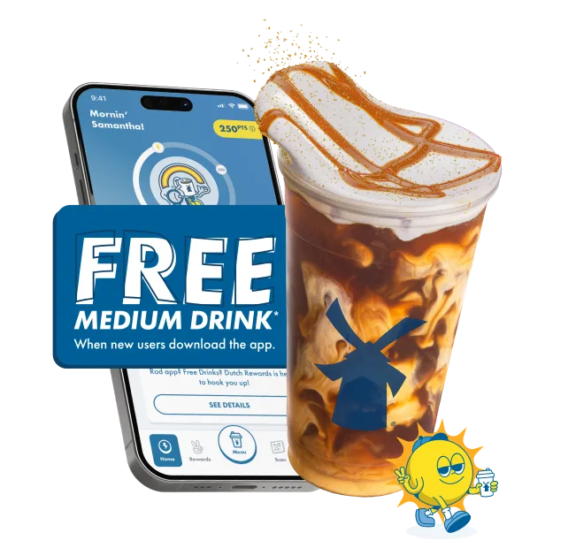 Smartphone showing app next to iced coffee drink with caramel drizzle, offering free medium drink for new app users.