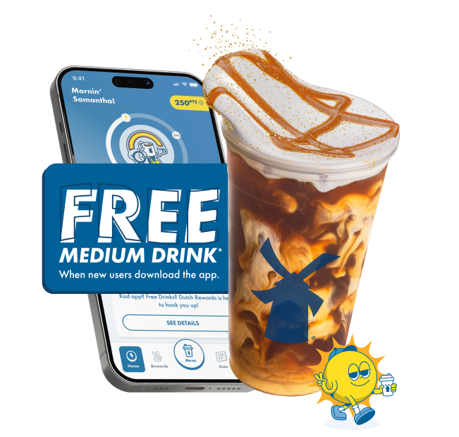Smartphone showing app next to iced coffee drink with caramel drizzle, offering free medium drink for new app users.