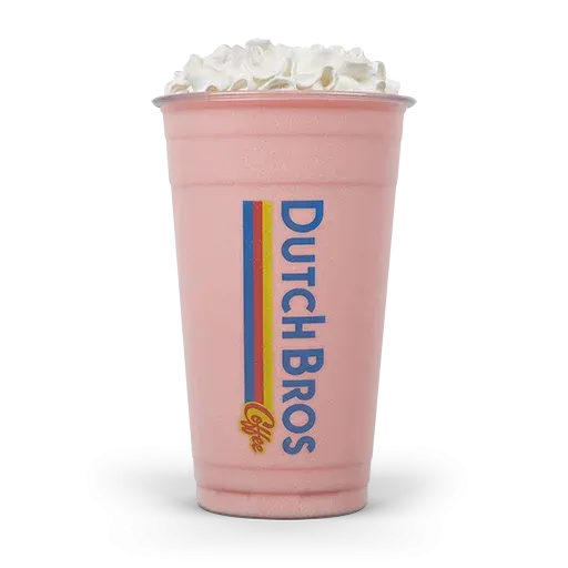 Pink Dutch Bros coffee cup topped with whipped cream, featuring blue logo with rainbow stripe on the side