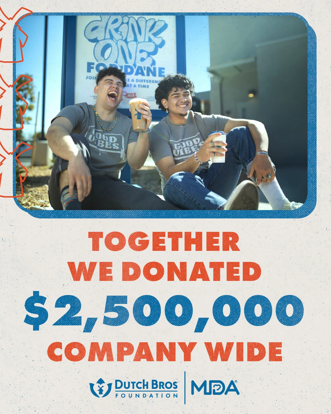 Two friends laughing with drinks at Dutch Bros, with text announcing $2,500,000 donated company-wide to foundation and MDA.