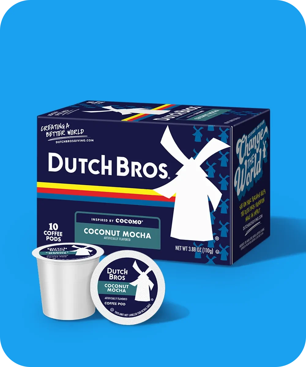 Dutch Bros Coconut Mocha coffee pod box containing 10 pods with one pod displayed in front against a blue background.