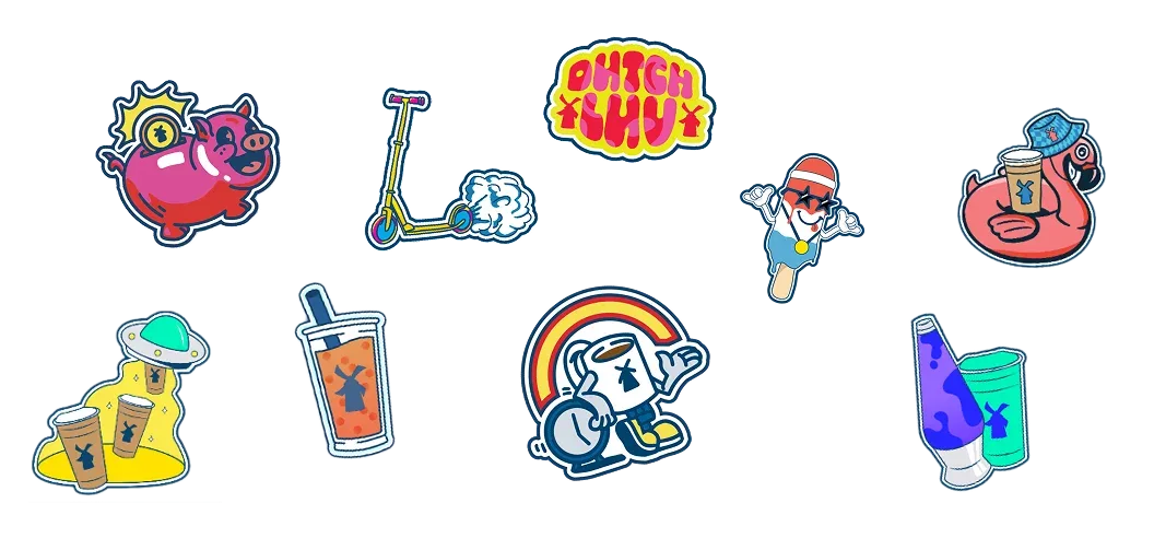Colorful Dutch Bros sticker collection featuring a piggy bank, scooter, logo, popsicle character, flamingo, UFO, drinks, and rainbow mascot.