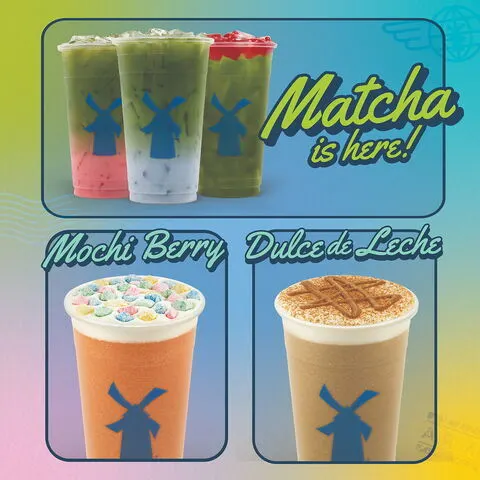 Colorful advertisement showing matcha drinks in clear cups with blue windmill logos, plus Mochi Berry and Dulce de Leche flavors.