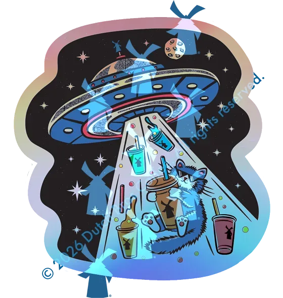 Cartoon UFO beaming up a cool cat holding drinks in a colorful space scene with stars, windmills, and various beverages.