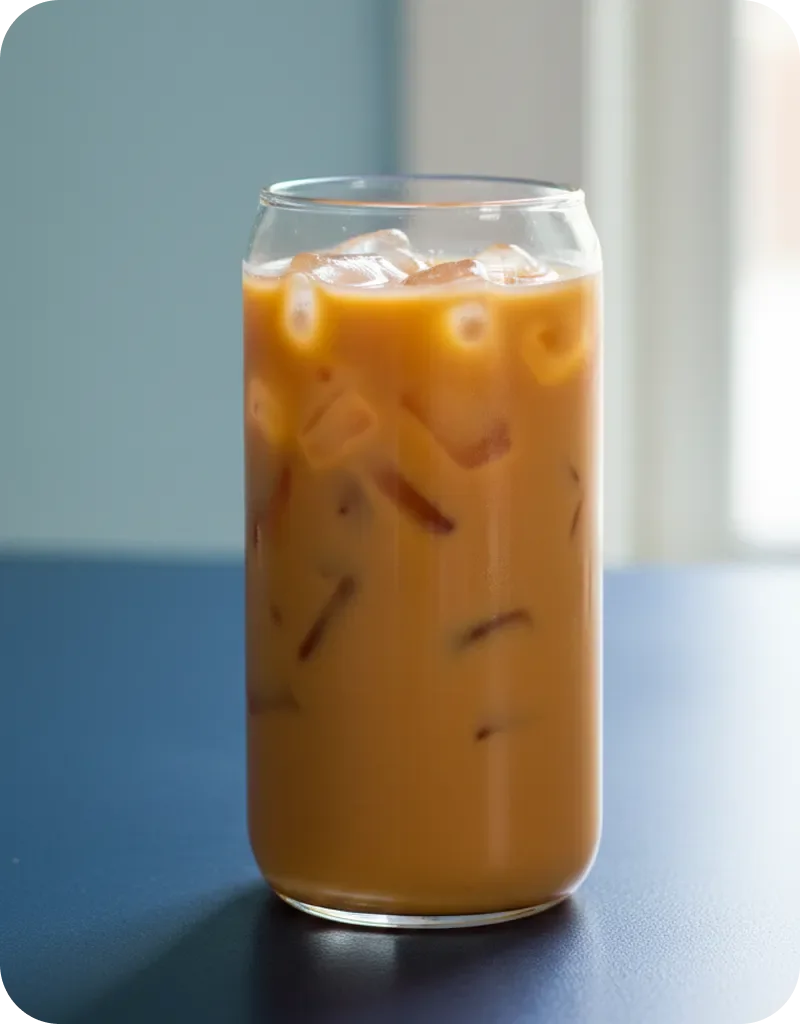 Glass of iced coffee with cream, caramel-colored liquid with ice cubes on a blue surface against a light background.