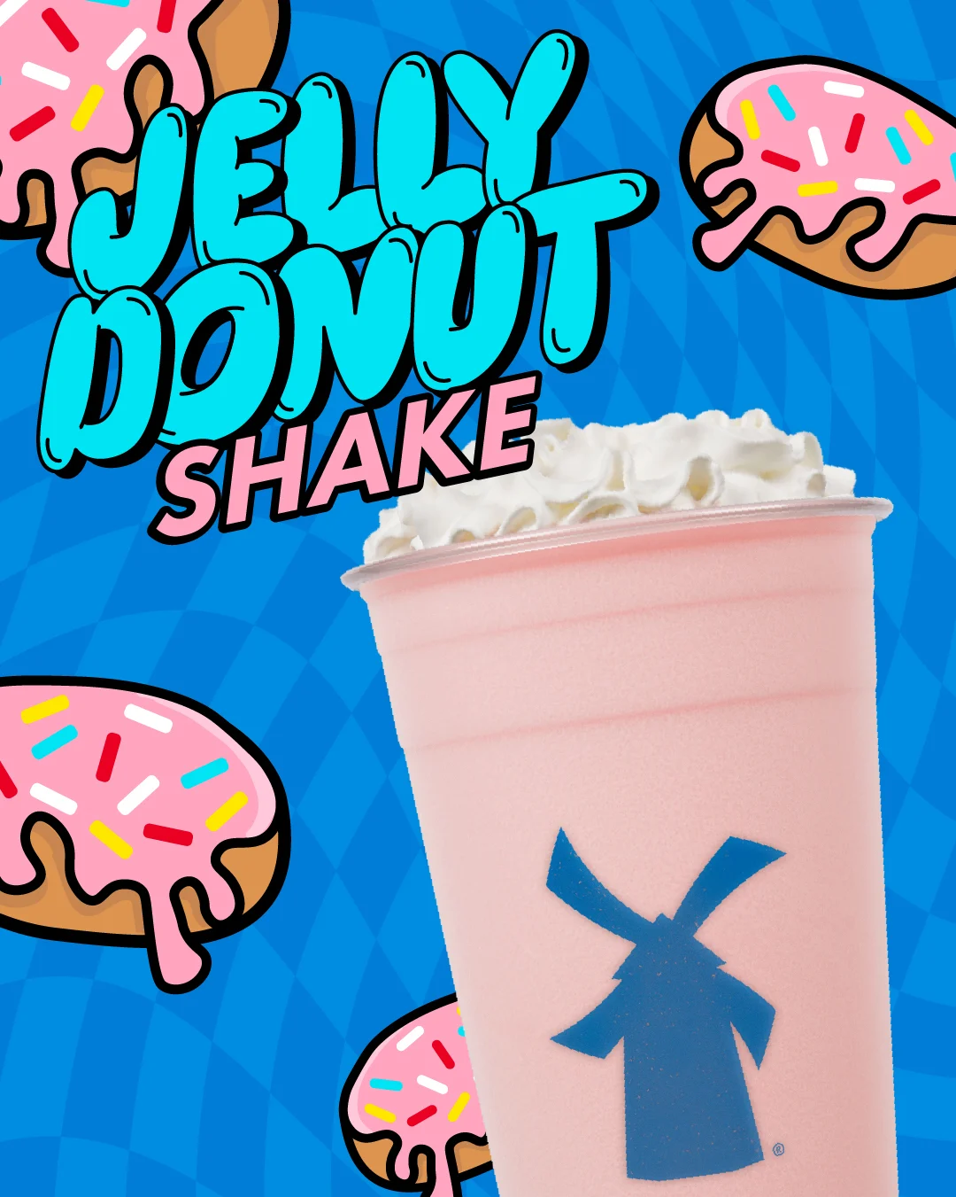 Pink Jelly Donut Shake with whipped cream in a cup featuring a blue windmill logo, surrounded by cartoon donuts on blue background.