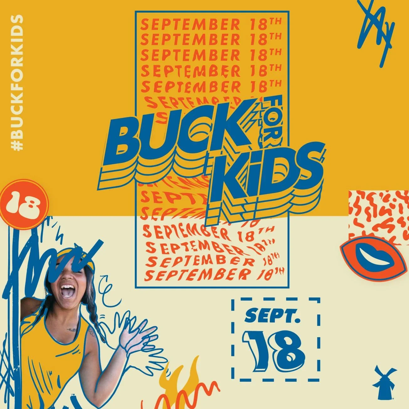 Vibrant yellow promotional poster for Buck for Kids event on September 18th with blue text and orange date highlights.