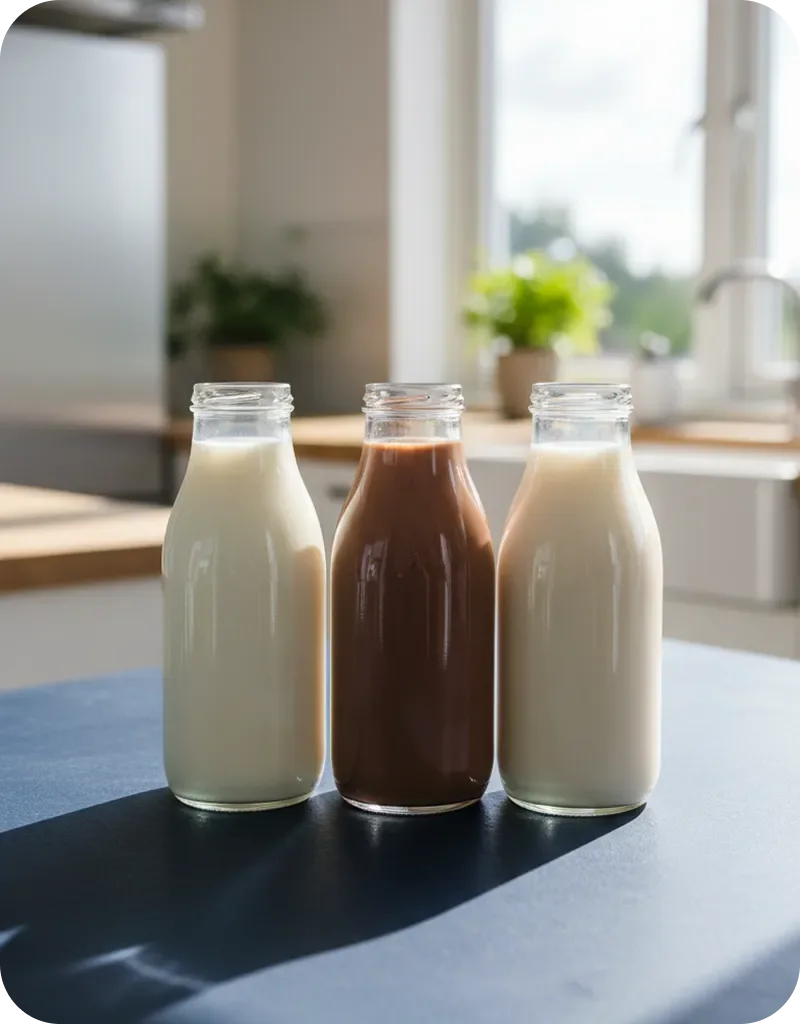 Three glass bottles containing two white milk and one chocolate milk on a countertop in a bright kitchen.