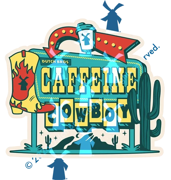 Dutch Bros Caffeine Cowboy retro Western-style sign with cowboy boot, cactus, windmill, and teal desert illustration.