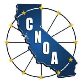 Blue silhouette of California with CNOA letters overlaid, surrounded by a circular star-studded emblem.