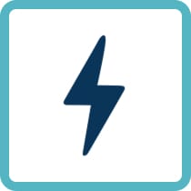 A dark blue lightning bolt icon inside a turquoise square frame, representing power or electricity.