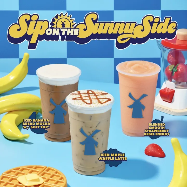 Three specialty drinks from "Sip on the Sunny Side" featuring banana mocha, maple waffle latte, and strawberry smoothie.