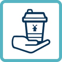 A hand holding a takeaway coffee cup with a small windmill icon, outlined in teal blue against a light background.