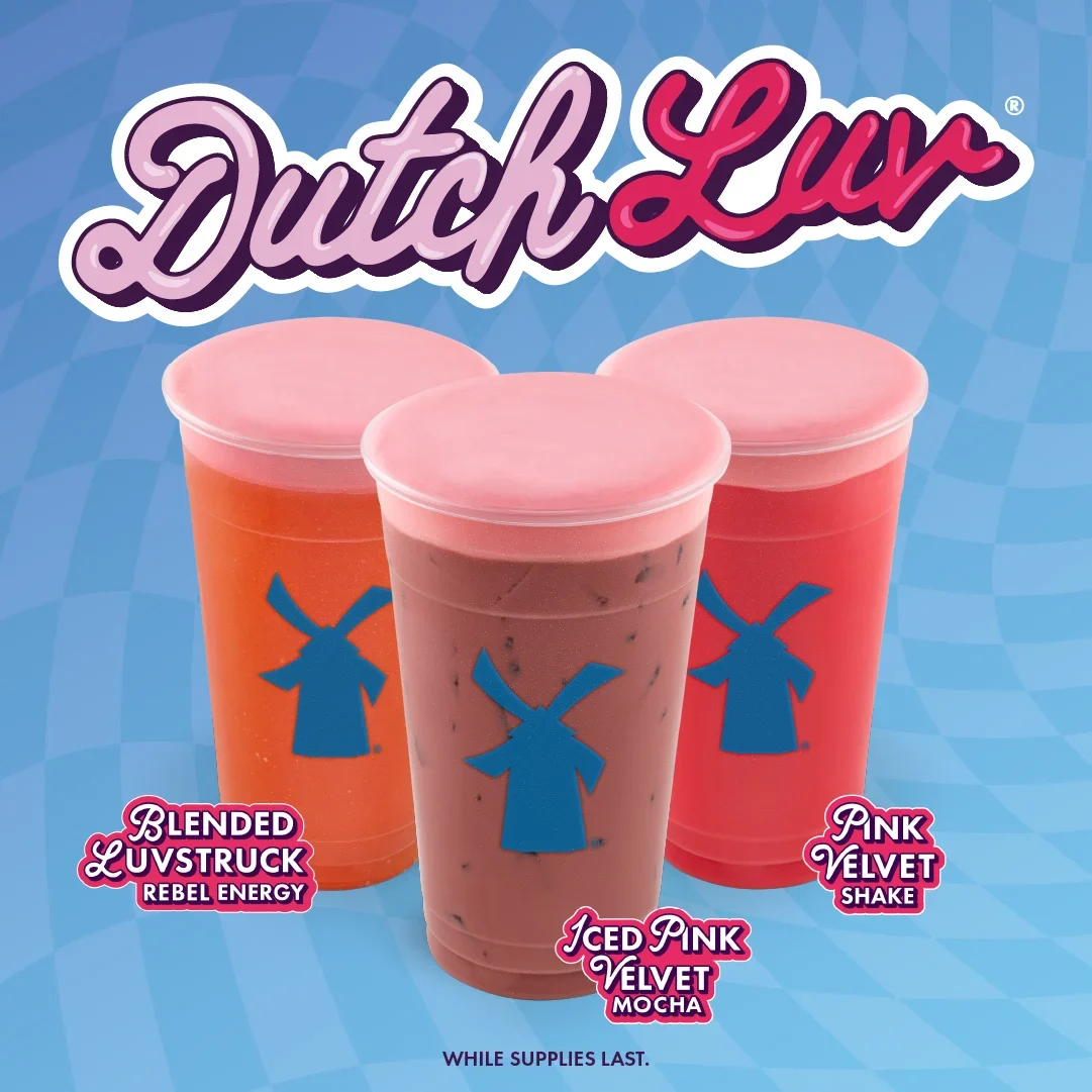 Three Dutch Luv beverages in cups with windmill logos: Blended Luvstruck, Iced Pink Velvet Mocha, and Pink Velvet Shake.