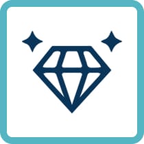 A stylized dark blue diamond icon with sparkles above it, set against a turquoise square background.