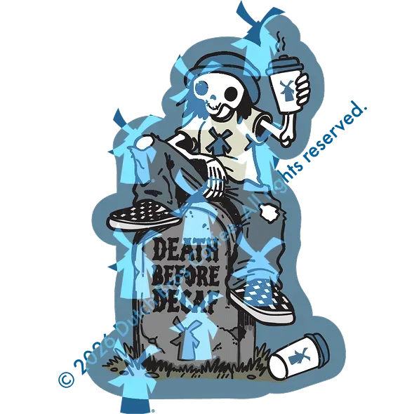Cartoon skeleton holding a coffee cup, sitting on a gravestone reading "Death Before Decaf," wearing sneakers and headphones.