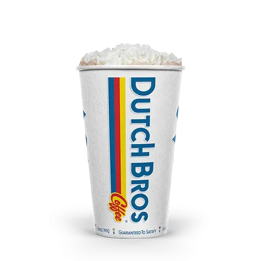 White Dutch Bros coffee cup filled with whipped cream, featuring blue logo and colorful rainbow stripe on white background.