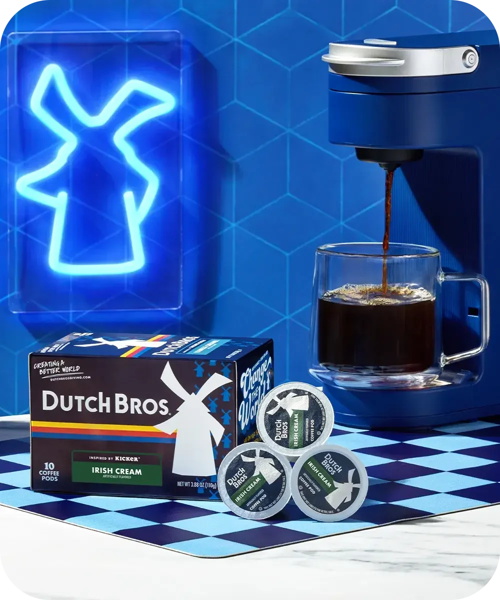 dutch bros irish cream coffee pods with brewer in the background