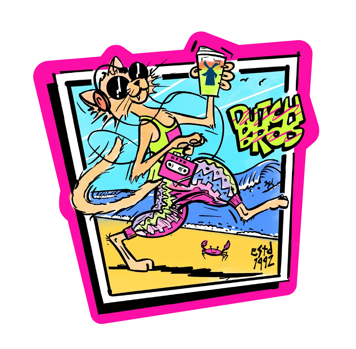 Cartoon character with sunglasses holding a cassette player and postcard at the beach, framed in bright pink with "BEACH BROS" text.