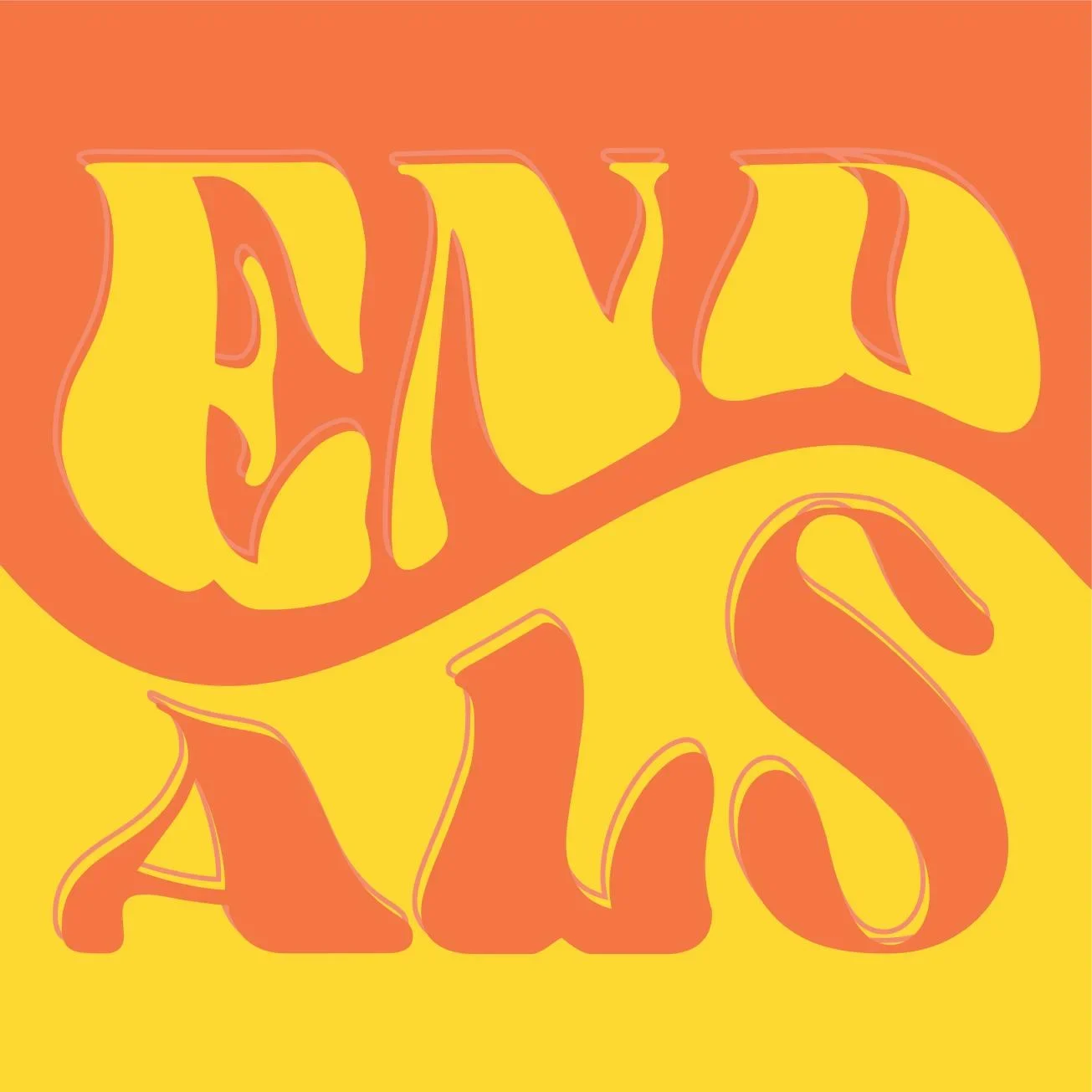Retro-style "END ALS" text in yellow and orange with 1970s psychedelic bubble lettering against a bright background.