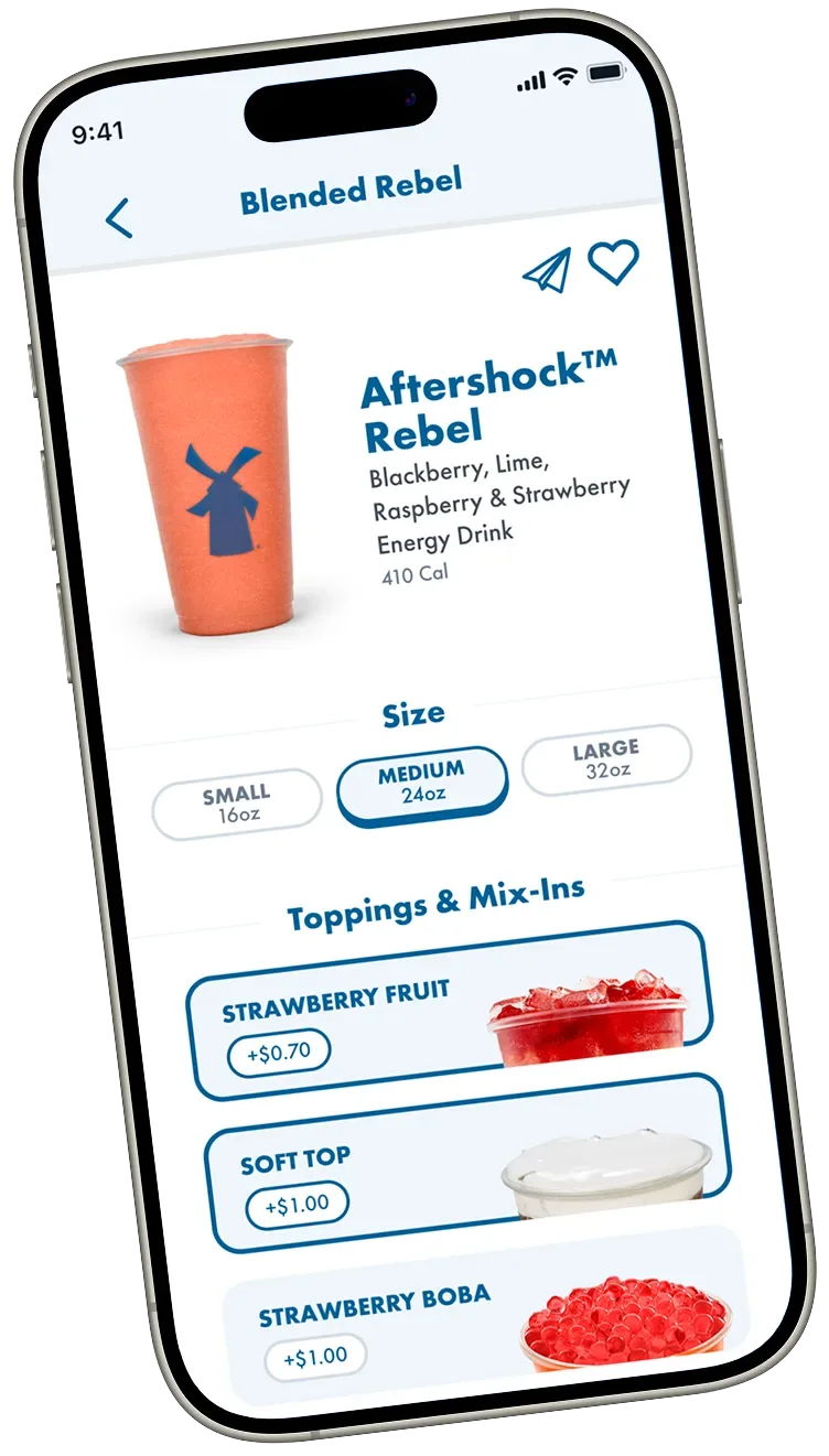 A smartphone displays a Dutch Bros app menu for the Aftershock Rebel drink, showing size options and toppings.