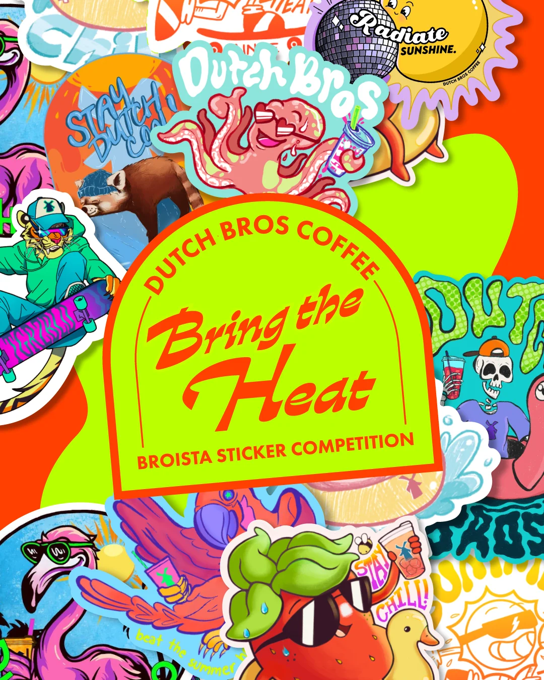 Colorful Dutch Bros Coffee sticker collage featuring "Bring the Heat" Broista Sticker Competition with cartoon characters and logos.