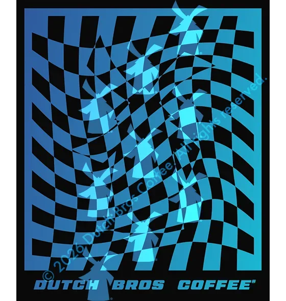 Dutch Bros Coffee graphic with a blue and black wavy checkerboard pattern featuring a dutch logo silhouette 