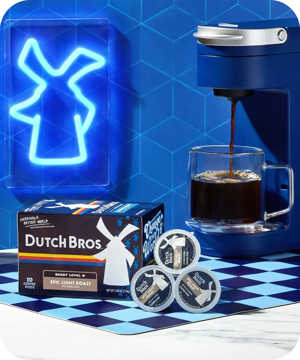 dutch bros epic light roast coffee pods with brewer in background