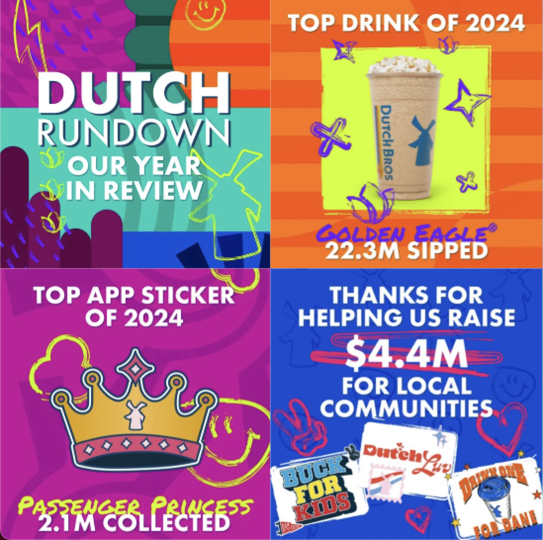 Dutch Bros colorful year-in-review featuring Golden Eagle drink, Passenger Princess sticker, and $4.4M raised for communities.