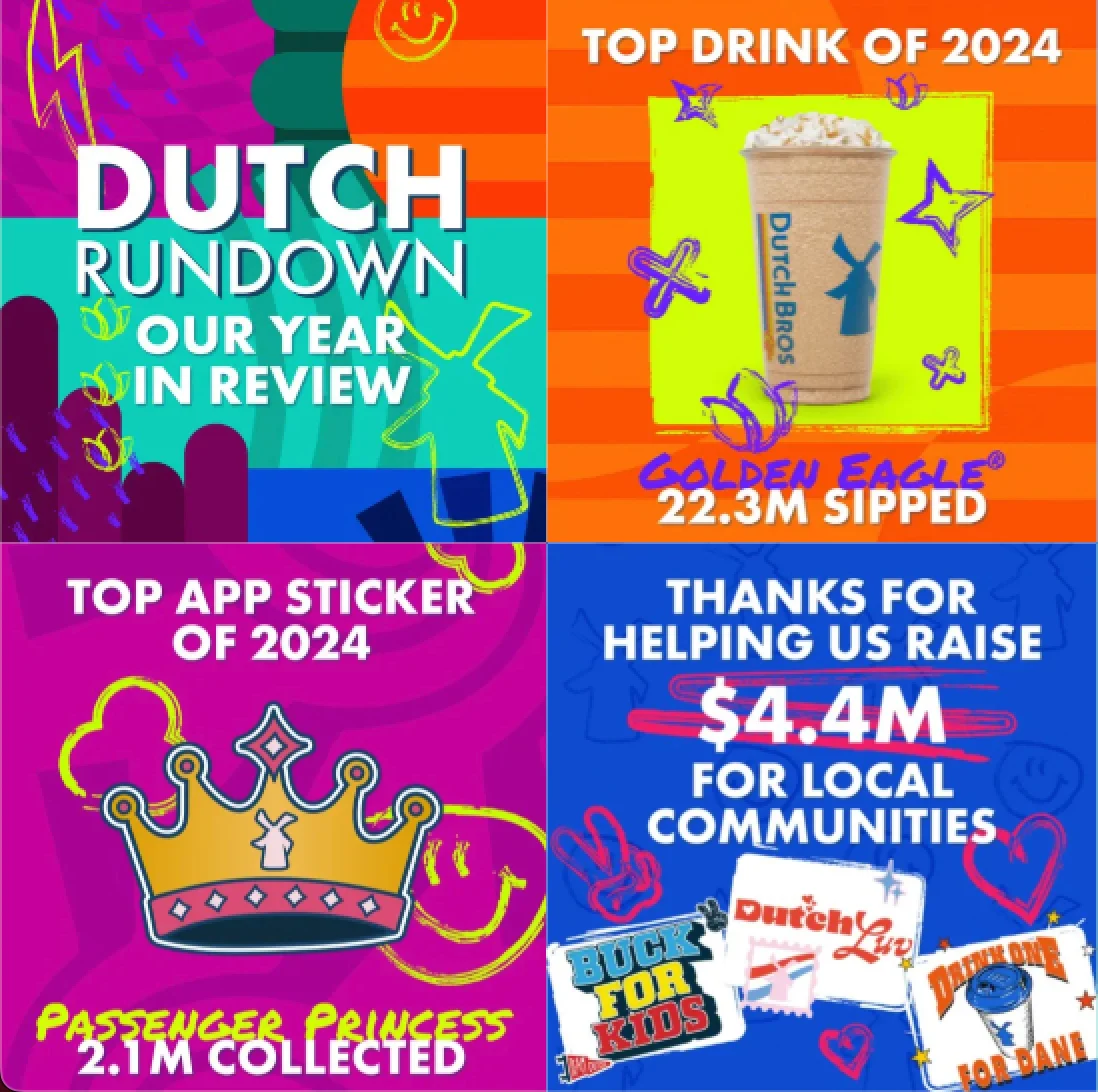 Dutch Bros colorful year-in-review featuring Golden Eagle drink, Passenger Princess sticker, and $4.4M raised for communities.