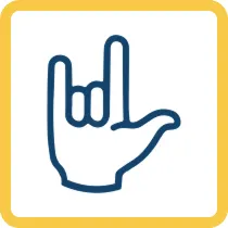 Blue hand gesture showing the "I love you" sign with extended pinky, index finger and thumb on yellow background.
