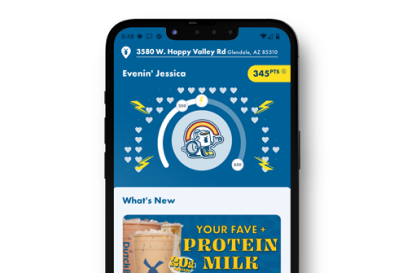 Smartphone displaying a food delivery app interface with a blue header showing "Evenin' Jessica" and product recommendations.