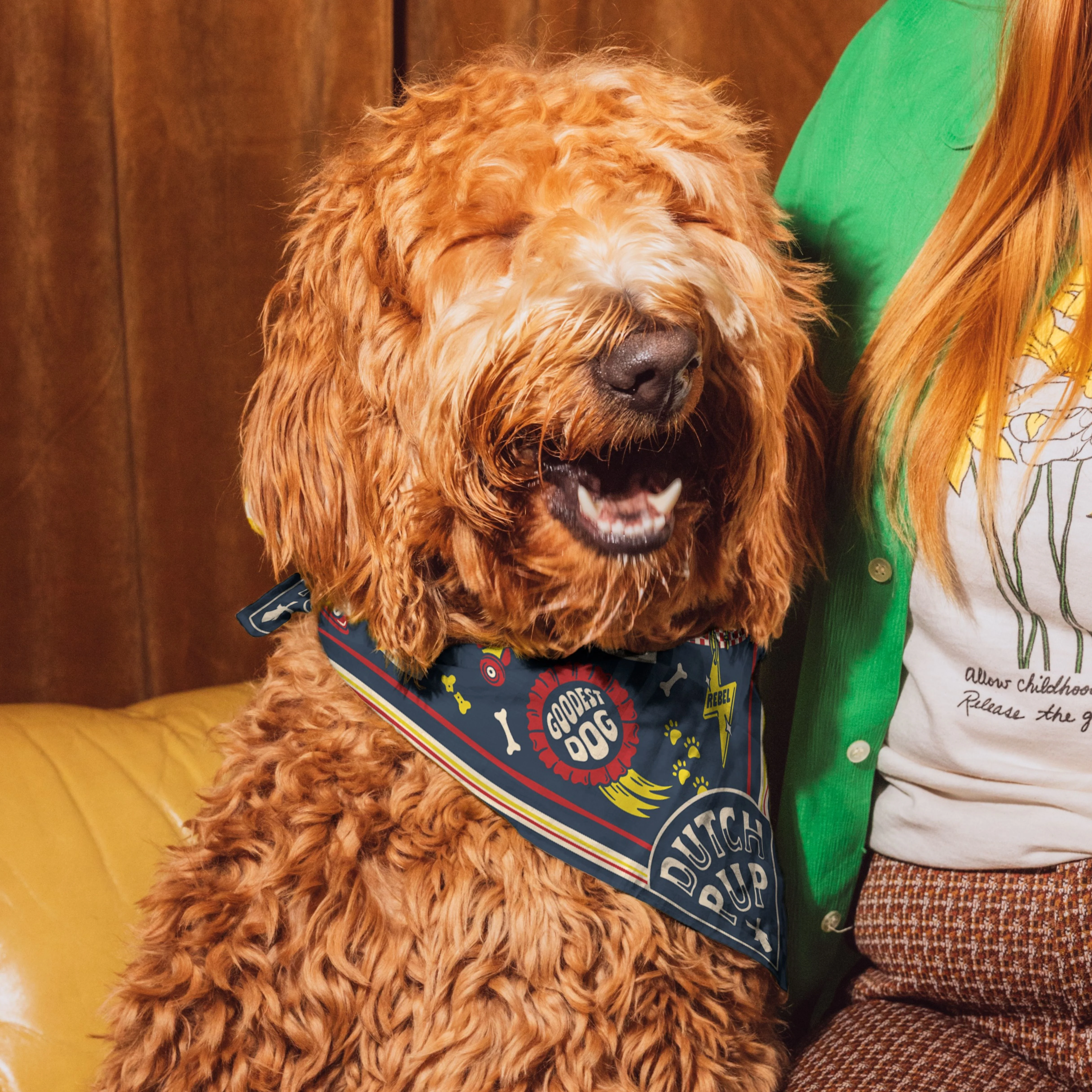 Smiling goldendoodle dog wearing a blue bandana with "Goodest Dog" text, sitting next to someone in a green cardigan.
