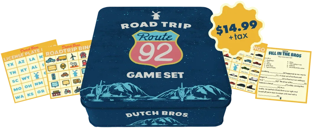 Dutch Bros Road Trip Route 92 Game Set tin with bingo and activity cards, priced at $14.99 plus tax.