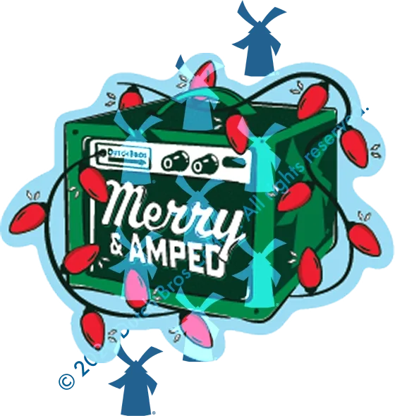 Green guitar amplifier wrapped in red Christmas lights with text "Merry & Amped" on a light blue background.