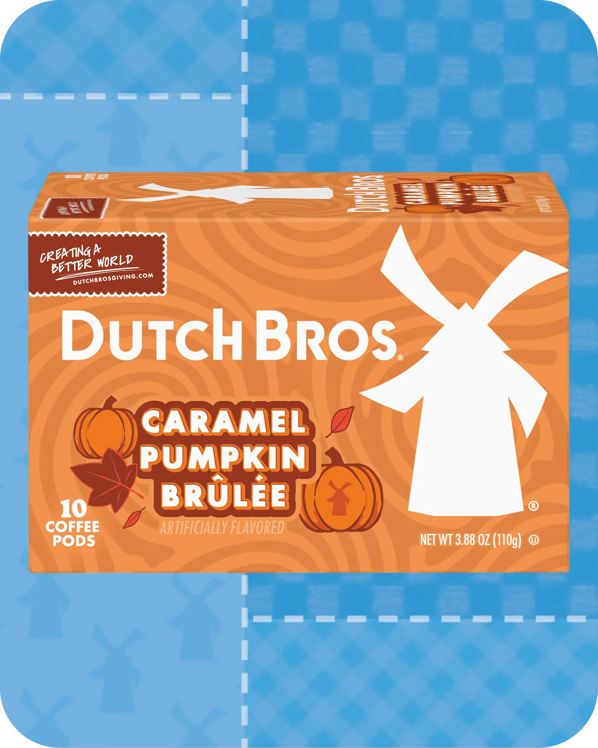 Orange box of Dutch Bros Caramel Pumpkin Brûlée coffee pods, 10 count, featuring a windmill logo and pumpkin illustrations.