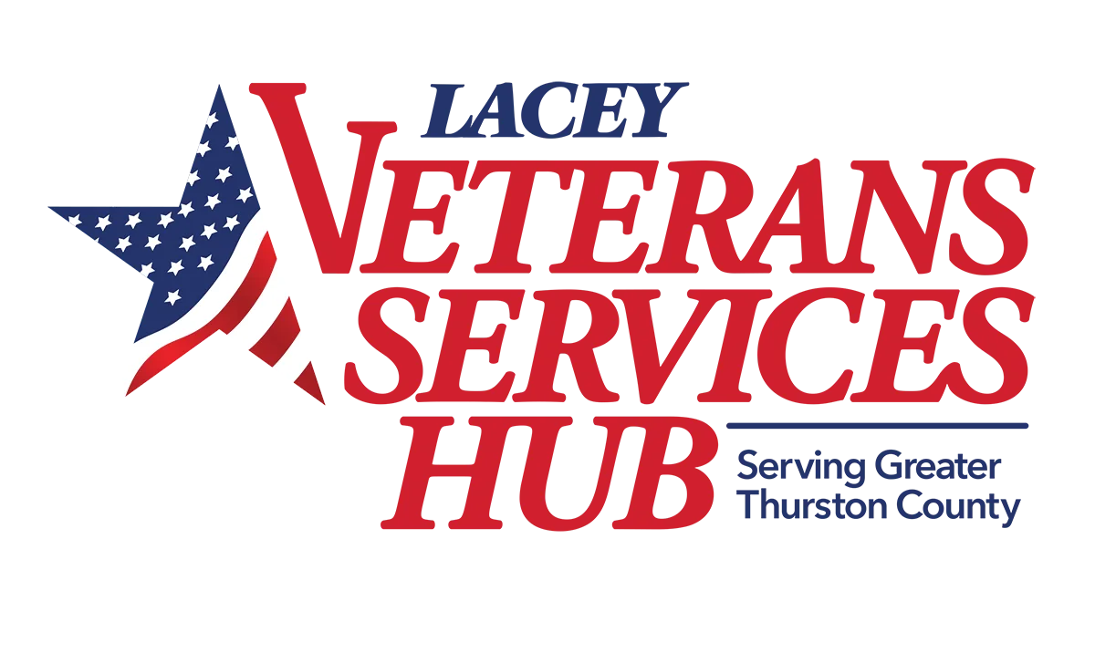 Lacey Veterans Services Hub logo with patriotic star design in red, white, and blue, serving Greater Thurston County.