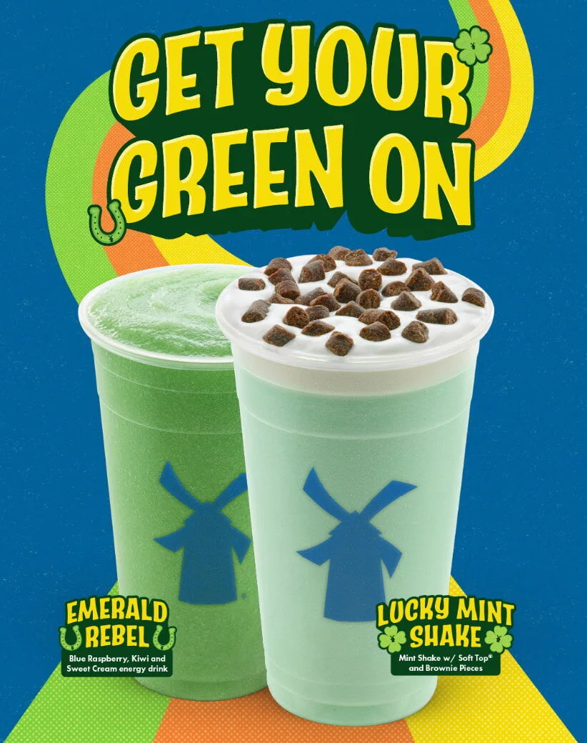 Two green St. Patrick's Day drinks: Emerald Rebel energy drink and Lucky Mint Shake topped with brownie pieces.
