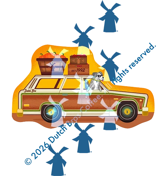 Dutch Bros mascot dog driving a retro wood-paneled station wagon loaded with pumpkins and crates, surrounded by blue windmill icons.