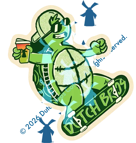 A cartoon green turtle wearing sunglasses and a cap, skateboarding while holding a drink, on a Dutch Bros branded skateboard.