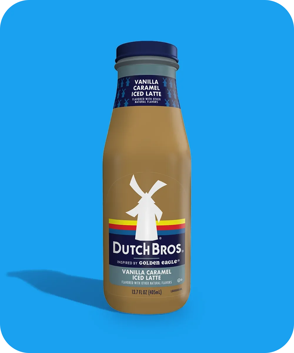 Dutch Bros Vanilla Caramel Iced Latte bottle with windmill logo on bright blue background, 13.7 fl oz.