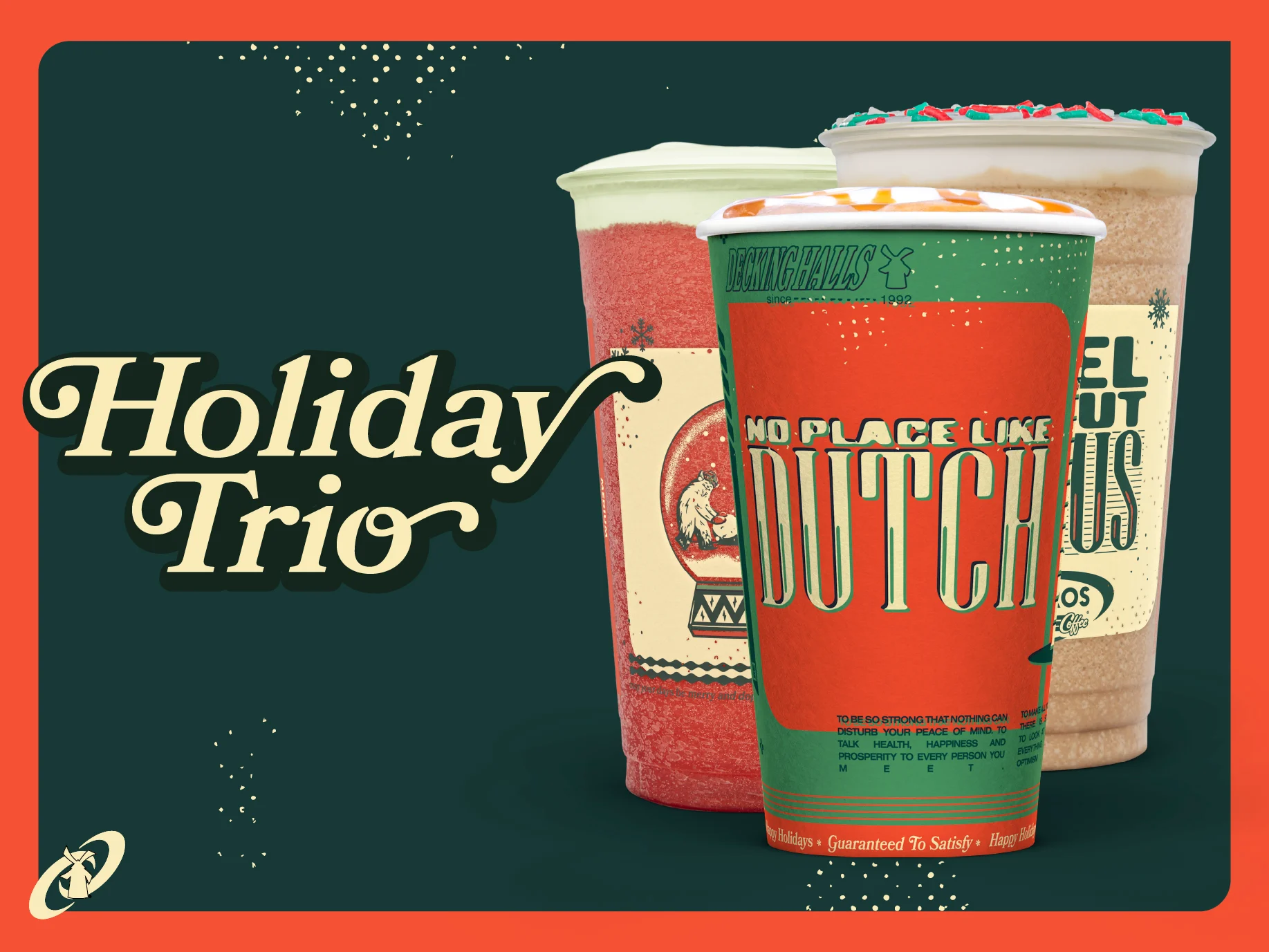 Dutch Bros "Holiday Trio" featuring three festive drinks in seasonal cups with red and green colors against a dark background.