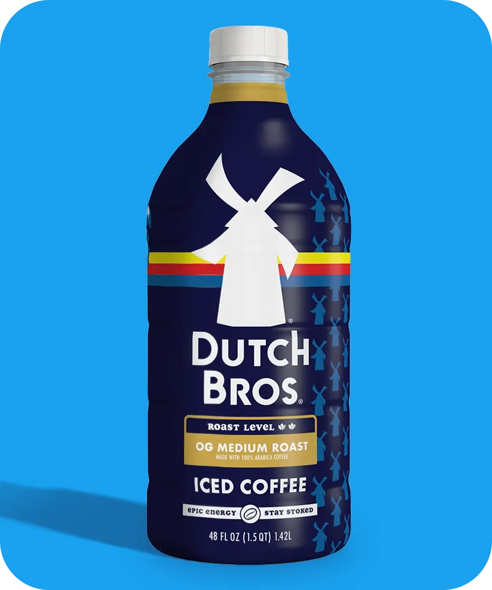 Dutch Bros OG Medium Roast iced coffee bottle with windmill logo on dark blue background, 48 fl oz size.